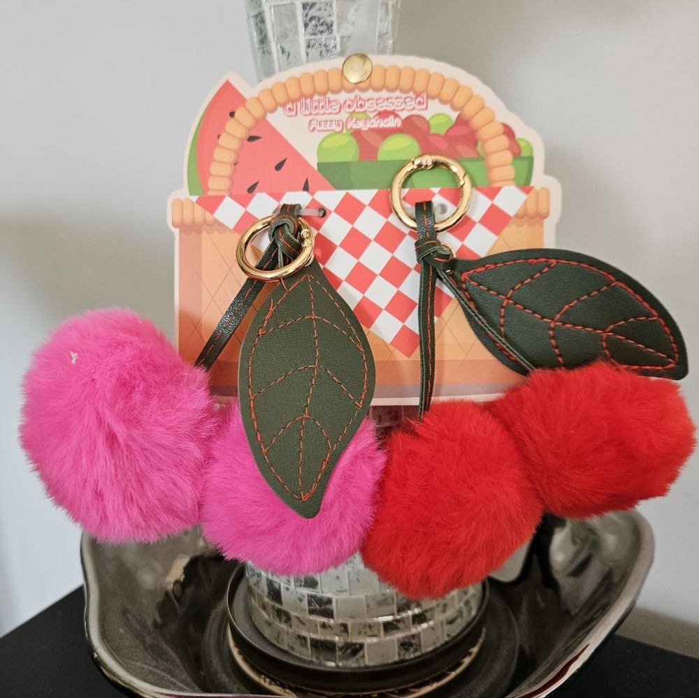 Fuzzy Pom Pom Keychain Pair with Leaf Charms - Pink & Red